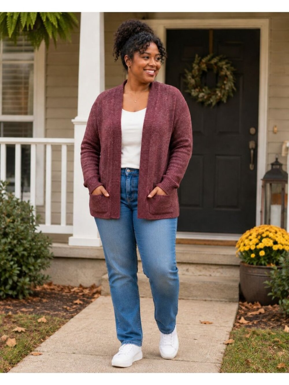 Mix NWT Brushed Knit Cardigan Women’s L Maroon Open Front Patch Pockets Cozy